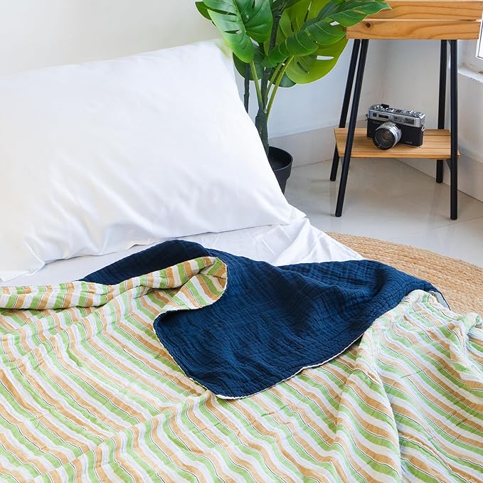 Salt Earth 100% Cotton Muslin Blanket, Gauze Blanket 55"X75" Twin, 6 Layered for Couch, Bed, Living Room, Home, Lightweight & All Season Blankets & Throws, Easy wash, Skin Friendly (Dress Blue/Print)