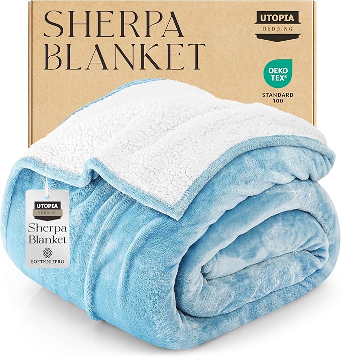 Utopia Bedding Sherpa Blanket California King Size (Washed Blue, 102x96 Inches) - Soft Lightweight Plush Fleece Reversible Blanket for Bed, Sofa, Couch, Camping and Travel