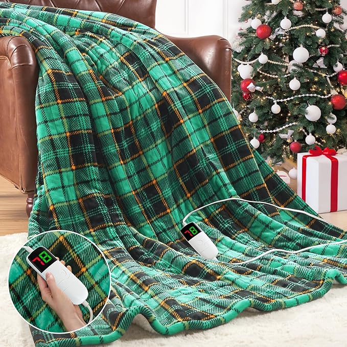 Green Heated Blanket Electric Throw 50X60, Heating Blanket for Couch, Plaid Sherpa Winter Blankets Warmer, 10 Levels & 8-Hour Auto Off, Fast Heated House Warming Gifts New Home Christmas Decor for Mom