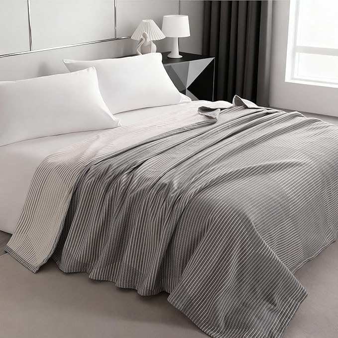 NTBAY 3 Layers Cotton Muslin 88x92 Queen Bed Blanket, Super Soft Breathable Thermal Yarn Dyed Quilt for Adults, Perfect Lightweight Blanket for Couch Sofa Bed All Seasons, Grey Striped