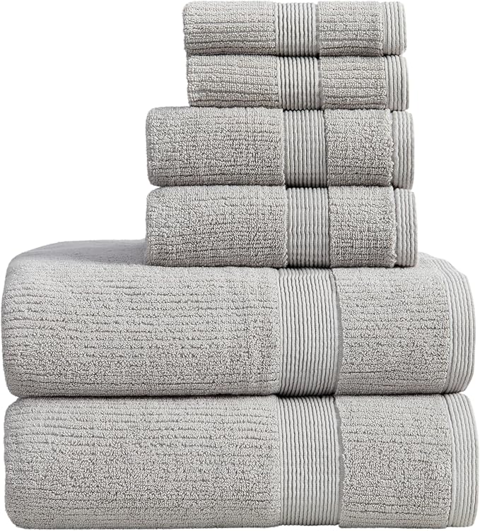 Springtree Home Grey Bath Towels Set of 6 | Ribbed Textured | 100% Combed Cotton | Absorbent Quick-Dry Gray Towels for Bathroom | Oeko-TEX® Standard 100 Cotton | Mauro Collection - High Rise Grey