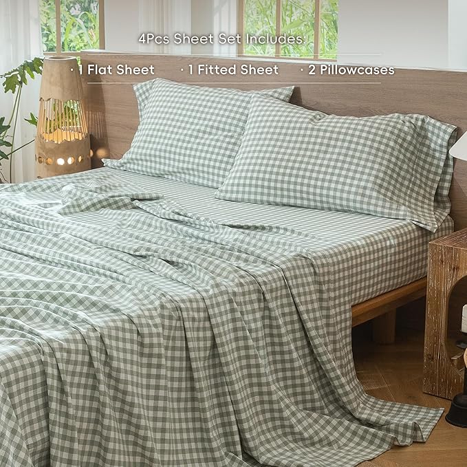 MooMee Gingham Sheet Set 100% Washed Cotton Linen Like Textured Breathable Soft w/Fully Elasticized 16-19" Deep Pocket (Classic Gingham Sage Green, Queen)