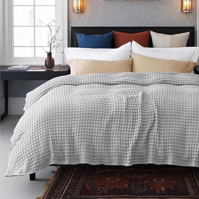 Bedsure Cooling Cotton Waffle Full Size Blanket - Lightweight Breathable Blanket of Rayon Derived from Bamboo for Hot Sleepers, Luxury Throws for Bed, Couch and Sofa, Grey, 80x90 Inches