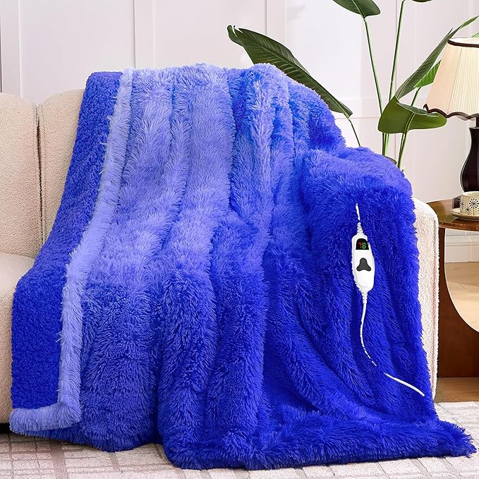 Heated Electric Blanket Twin–Faux Fur with Soft Thick Sherpa,Warm Winter Birthday Gifts for Women Grandma，10 Heat Settings,5 Time Settings with Fast Heating, 62x84, Glacier Blue