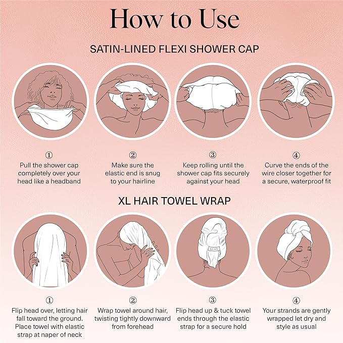 Kitsch Love & Comfort 2PC Spa Set - Satin Lined Reusable Waterproof Shower Cap and XL Quick Dry Hair Towel Wrap for Women, Microfiber Towel, Flexi Shower Cap For All Hair Types - Terracotta Checker