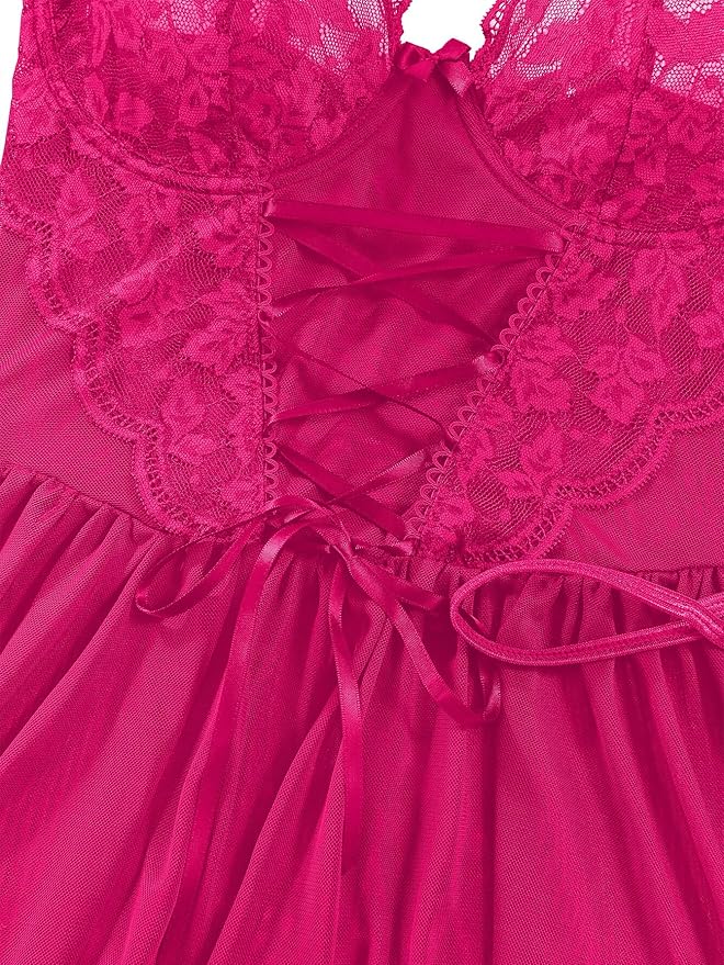 Lilosy Sexy Garter Belt Mesh Lace Babydoll Lingerie Dress Set with Thong