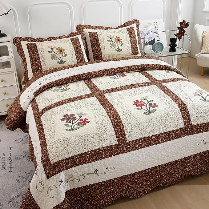 vctops 3 Piece Embroidered Floral Quilted Bedspread Quilt Set 100% Cotton Reversible Patchwork Coverlet Set 1 Quilt and 2 Pillow Shams (Coffee,King)