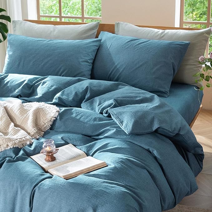 MooMee Bedding Duvet Cover Set 100% Washed Cotton Linen Like Textured Breathable Durable Soft Comfy (Heathered Peacock Blue, Super Queen 90"x98")