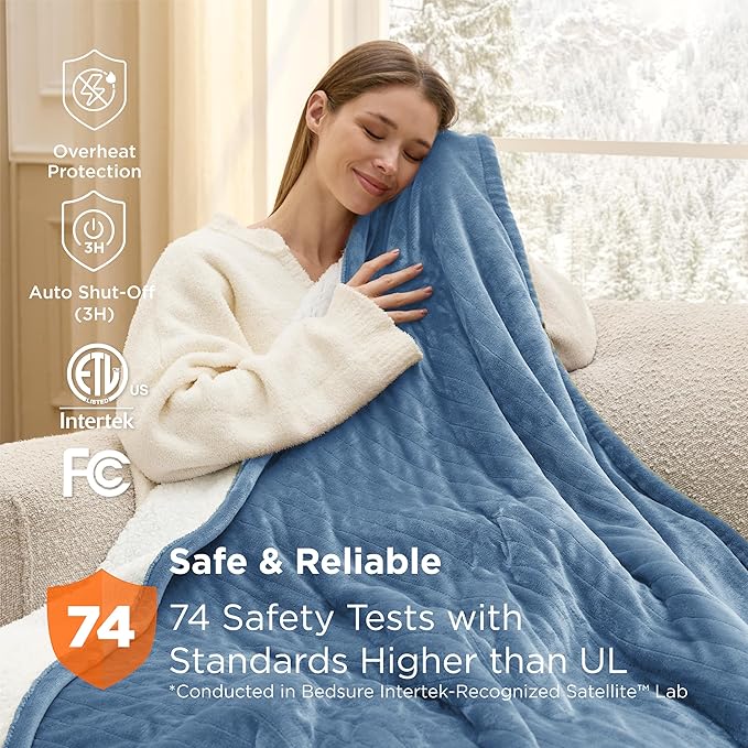 Bedsure Heated Blanket Throw Blanket - Fast Heating Electric Blanket, Soft Flannel Heated Throw with 4 Time Settings, 6 Heating Settings, Warm Gifts for Grandma (50x60 inches, Blue)