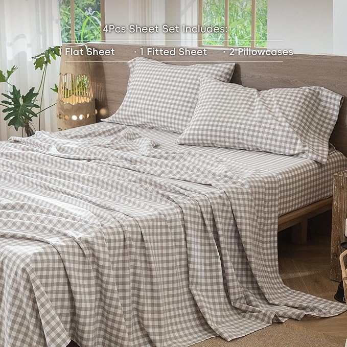 MooMee Gingham Sheet Set 100% Washed Cotton Linen Like Textured Breathable Soft w/Fully Elasticized 16-19" Deep Pocket (Classic Gingham Tannish Linen Grey, Queen)