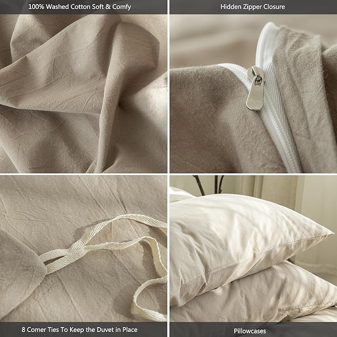 MooMee Bedding Duvet Cover Set 100% Washed Cotton Linen Like Textured Breathable Durable Soft Comfy (Solid Light Camel, Super King Plus 120"x120")