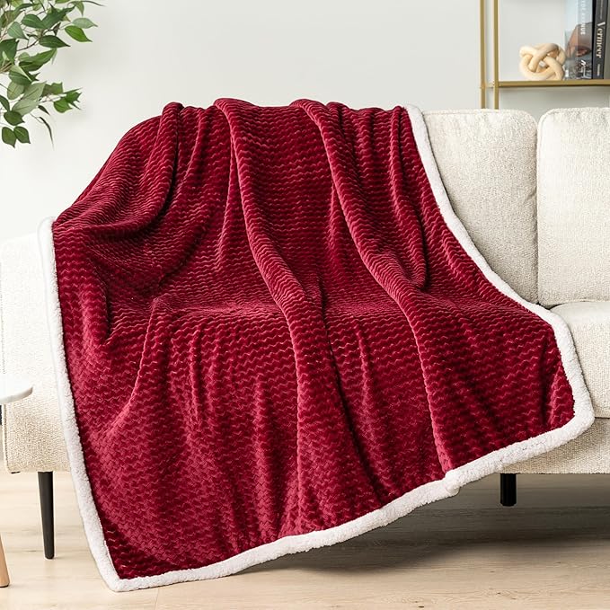 PAVILIA Maroon Red Couch Blanket Throw Reversible Sherpa Chevron, Soft Cozy Jacquard Weave Textured Blanket Sofa Bed, Thick Warm Large Fleece Car Blanket, Plush Home Decor Gift, 50x60 Burgundy Wine