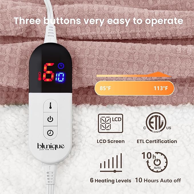 Heated Blanket Electric Blanket Twin Waffle, 62x84 Inches Sherpa Fleece Fast Heating Blanket 6 Heating Levels & 10 Hours Auto Off ETL Certification, Pink Twin