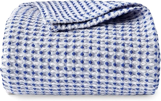 EGOHOME 100% Cotton Queen Size Blankets for Bed,Soft Jacquard Waffle Weave Blanket,Lightweight and Breathable Unique Dual-Tone Texture Cotton Blanket for All Seasons-Navy Blue,90 x 90 Inches