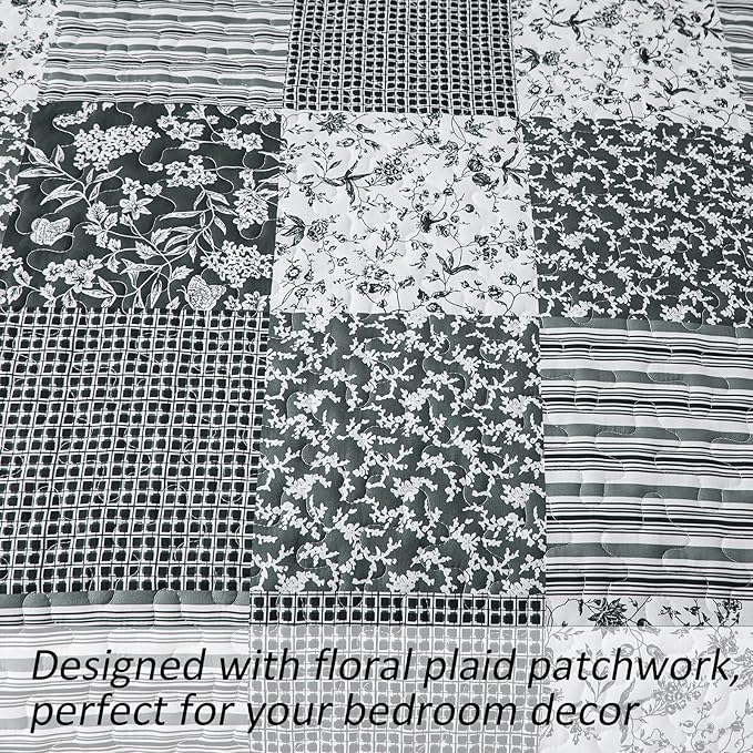 Mybedsoul Black Grey Boho Quilt Set King Size,3 Pieces Plaid Floral Bedspread Coverlet Set for All Season,Patchwork Reversible Bedding Set King 90"x104"