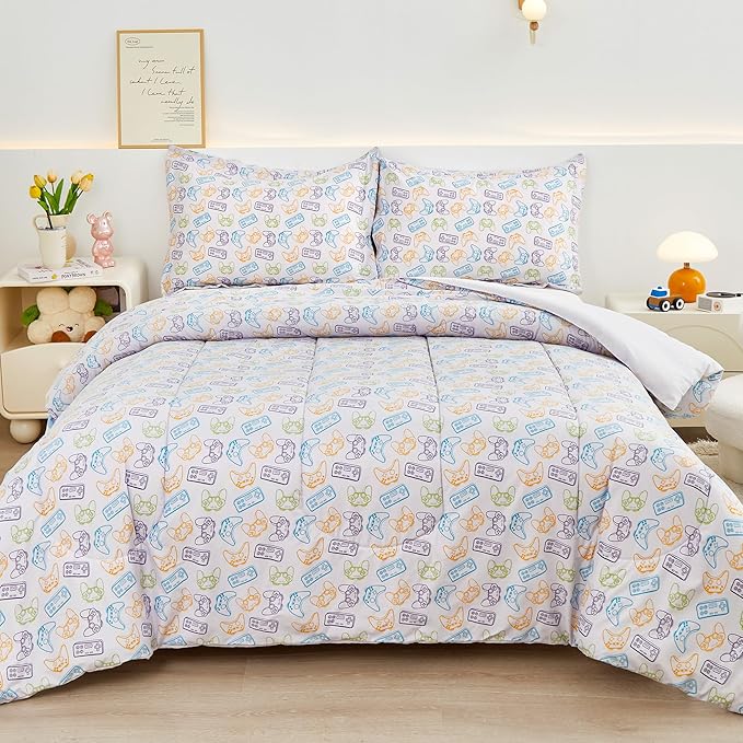 Viviland Kids Twin Bedding Sets for Boys, Soft Microfiber Twin Comforter Sets, Grey Game
