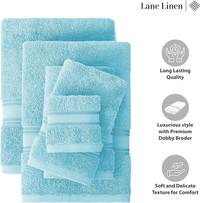 LANE LINEN Luxury 18-Piece Solid Cotton Bathroom Towel Set - 6 Bath Towels, 6 Hand Towels, 6 Wash Cloths - Blue