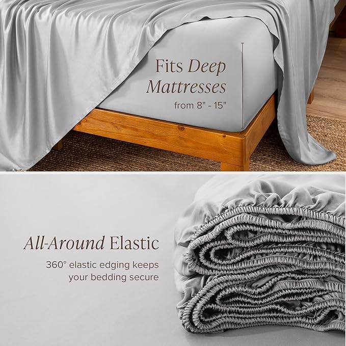 Bare Home 100% Rayon Made from Bamboo Queen Sheet Set - 4 Piece Bedding Set - Deep Pockets - Breathable - Easy Fit - Bedding Sheets & Pillowcases (Queen, Cloud Grey)