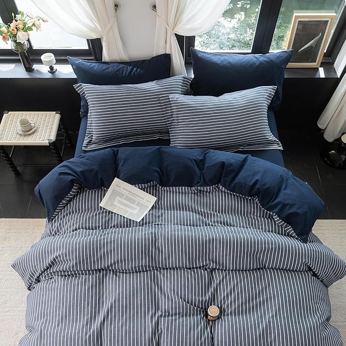 Reversible Duvet Cover Set 100% Washed Cotton Blue Stripe Linen Feel Duvet Cover Queen Size with Zipper Closure & 2 Pillow Shams,Navy/White Stripe Reverse Solid Navy