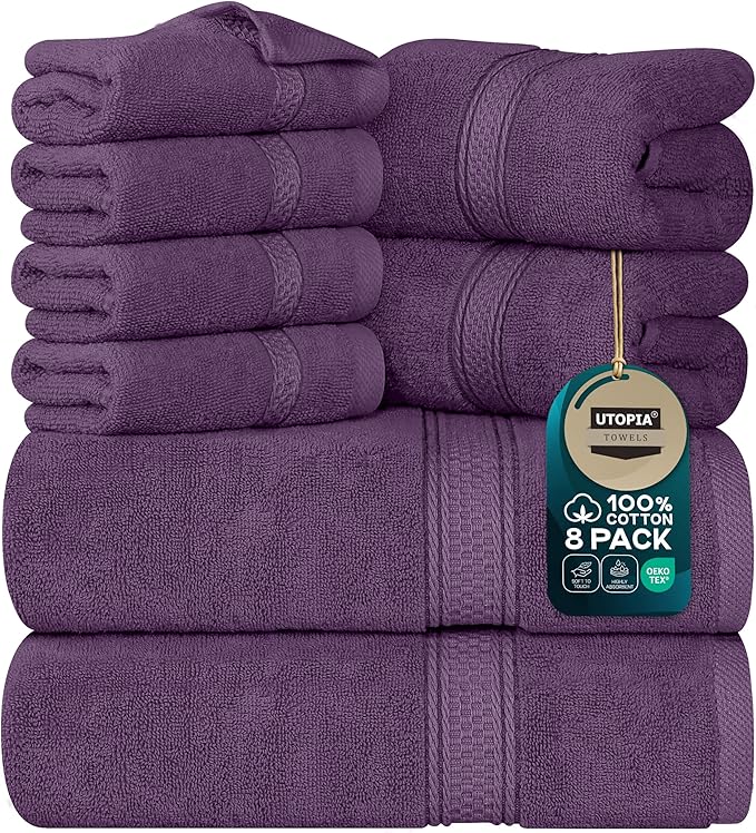 Utopia Towels 8 Piece Premium Towel Set, 2 Bath, 2 Hand, and 4 Wash Cloths, 600 GSM 100% Ring Spun Cotton, Highly Absorbent Towels for Bathroom, Gym, Hotel, and Spa, Plum