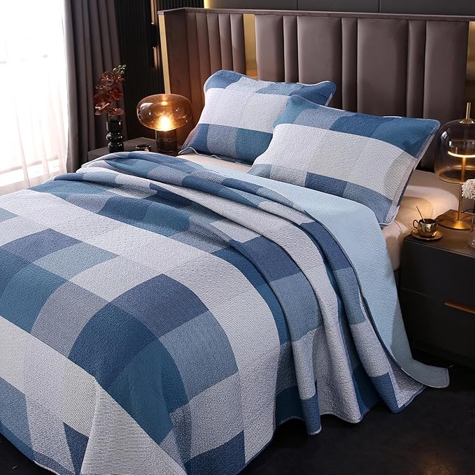 vctops Cotton Quilted Patchwork Quilt Set Queen Size Farmhouse Blue Plaid Bedspreads Coverlet 3 Pieces Summer Lightweight 1 Quilt and 2 Pillow Shams for All Season (Plaid A,Queen)