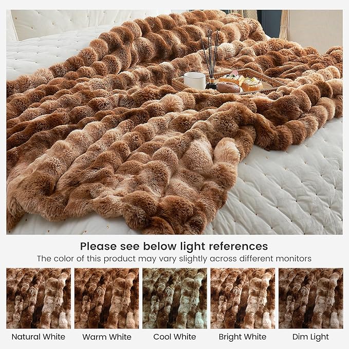 Cozy Bliss Faux Fur Throw Blanket Queen Size, Fuzzy Soft Plush Thick Bubble Blanket for Bed Couch Bedroom Living Room, 90x90 Inches Tie-dye Brown