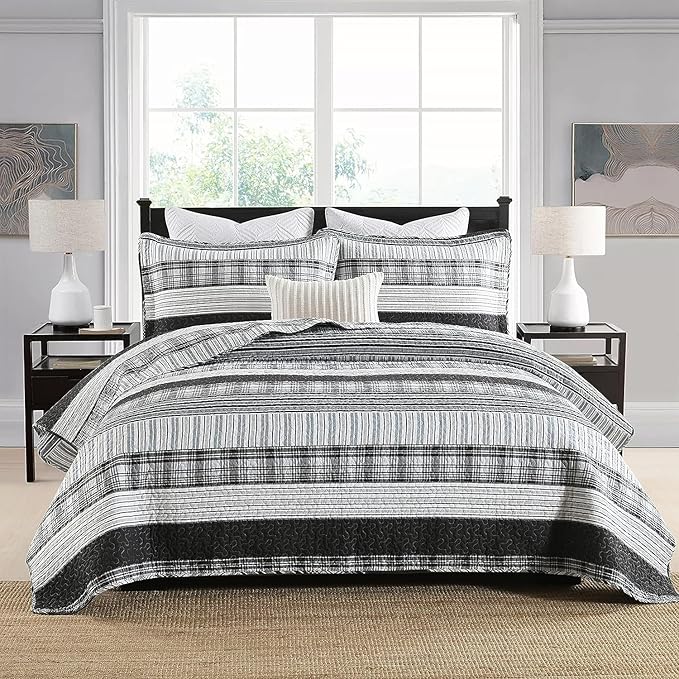 Homzard Quilts Queen Size - Black and White Queen Comforter Set, 100% Cotton Black Grey Striped Bedding Set, Lightweight Reversible Bedspread Set, 3 Piece All Season