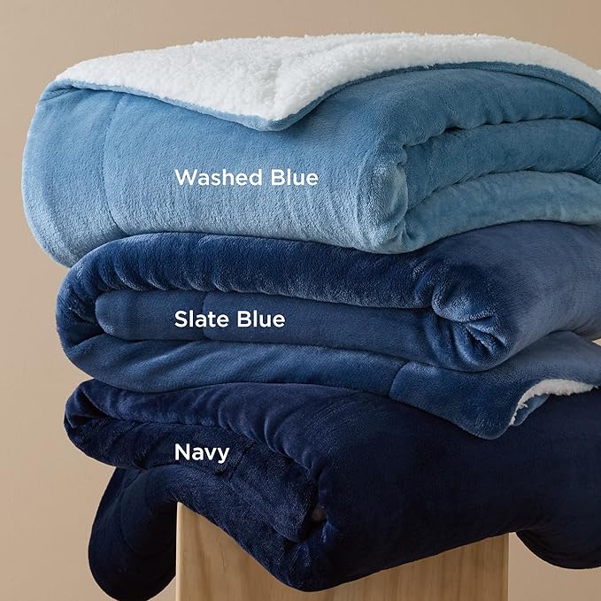 Bedsure GentleSoft Sherpa Fleece Blankets King Size for Bed - Thick and Warm, Soft Fuzzy Plush King Blanket for Winter, Slate Blue, 108x90 Inches