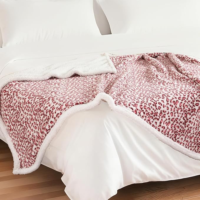 Electric Heated Blanket Full Size 72×84, 10H Auto Off & 6 Heating Settings Fluffy Ultra Soft Warmth Lightweight Cozy Plush Sherpa Machine Washable, Fast Heating, Home Office Leopard Print Pink & White