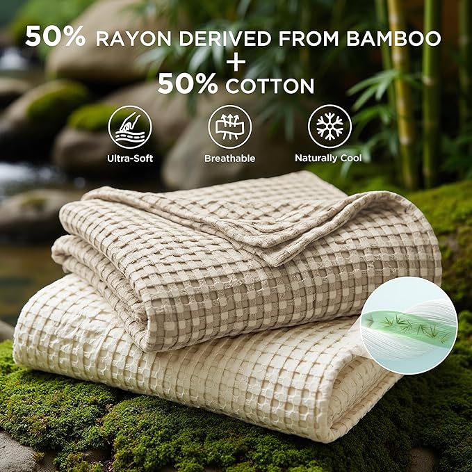 Bedsure Cooling Cotton Waffle Full Size Blanket - Lightweight Breathable Blanket of Rayon Derived from Bamboo for Hot Sleepers, Luxury Throws for Bed, Couch and Sofa, Taupe, 80x90 Inches