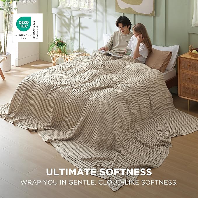 Bedsure Cooling Cotton Waffle Oversized King Blanket - Lightweight Breathable Blankets Rayon Derived from Bamboo for Hot Sleepers, Luxury Throws for Bed and Sofa, Taupe, 120x96 Inches