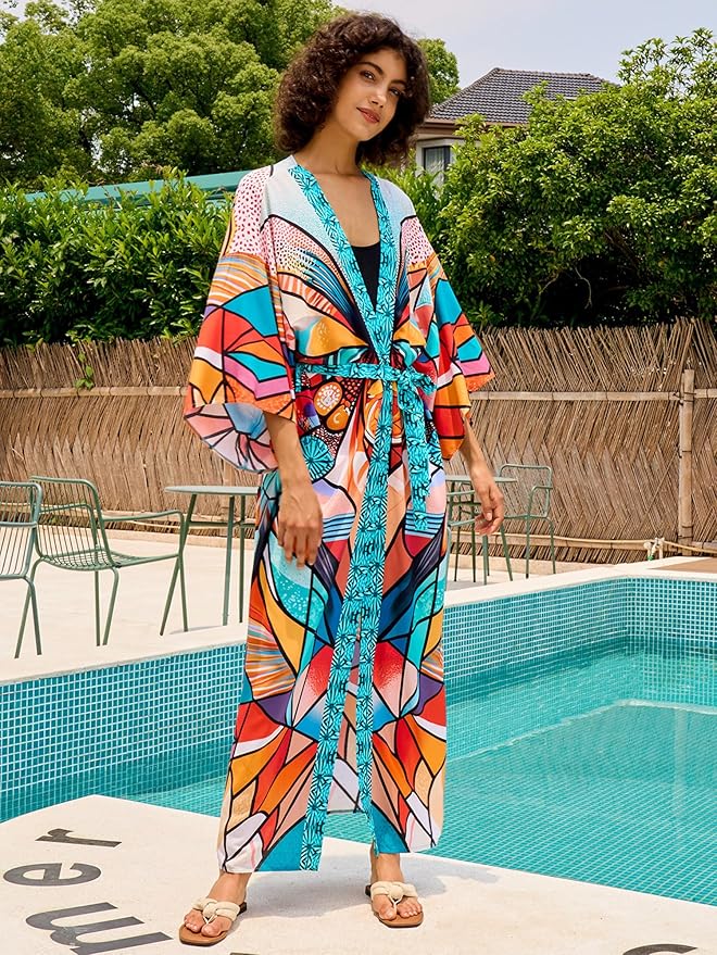 Women Casual Open Front Lightweight Cardigan Long Beach Kimono Cover Up
