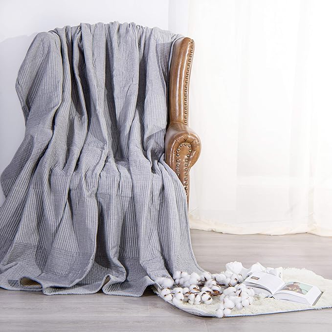 NTBAY 3 Layers Cotton Muslin 88x92 Queen Bed Blanket, Super Soft Breathable Thermal Yarn Dyed Quilt for Adults, Perfect Lightweight Blanket for Couch Sofa Bed All Seasons, Grey Dot