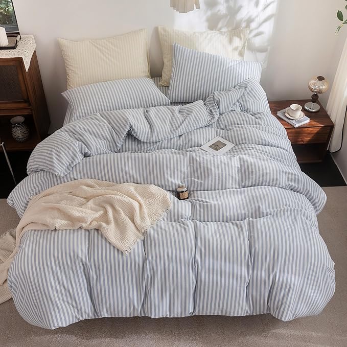 FOSSA Striped Duvet Cover Set 100% Washed Cotton Linen Feel Super Soft Breathable Cozy 3 Pieces Bedding Sets Cornflower Blue White Classic Stripes Queen