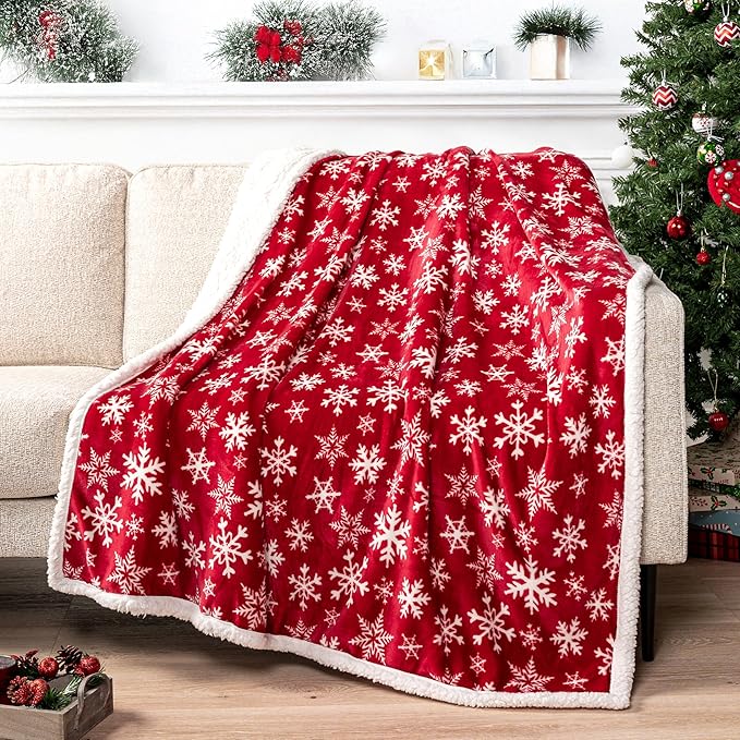 PAVILIA Premium Christmas Sherpa Throw Blanket | Red Snowflake Decoration, Fleece, Plush, Warm, Cozy Reversible Microfiber Holiday Blanket 50 x 60