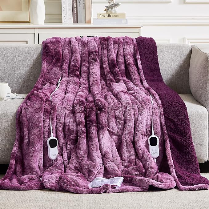 Homemate Electric Heated Blanket Queen Size - 84"x90" Heating Blanket Queen Size Dual Control 1/2/4/6/8 Hours Auto-Off 10 Heat Level Over-Heat Protection Luxury Faux Fur Sherpa ETL Certification