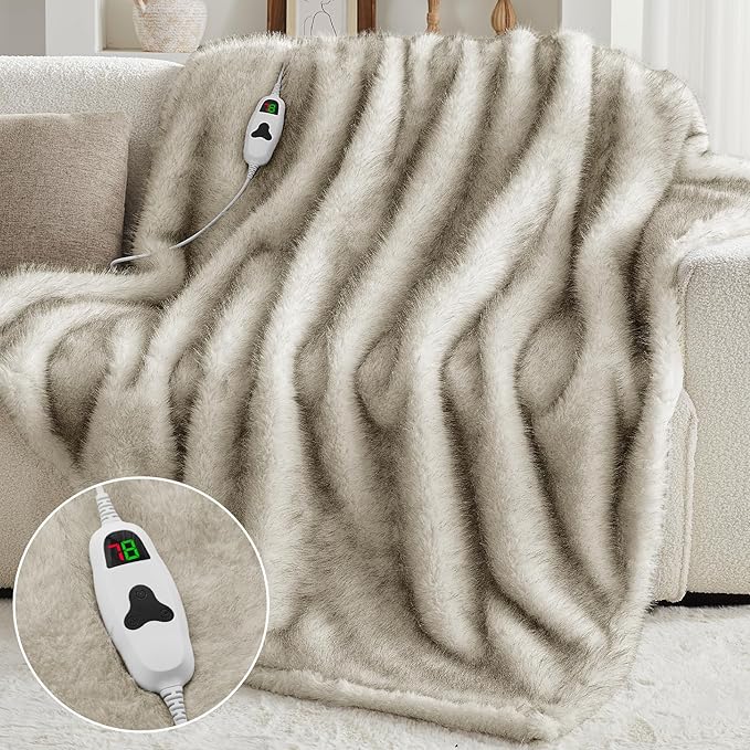 Heated Electric Blanket Twin, Octrot 60"X80" Faux Fur Heating Blanket Luxury Christmas Gifts Heavy Plush with 10 Heats Levels & 8 Hours Auto Off,Super Cozy Warm Fuzzy,Fluffy Decor Winter Warming,Beige