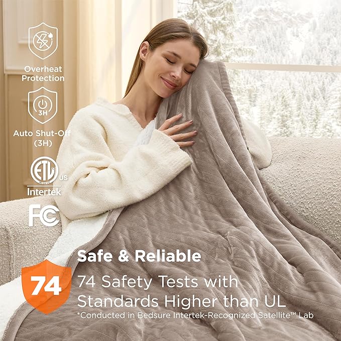 Bedsure Heated Blanket Throw Blanket - Fast Heating Electric Blanket, Soft Flannel Heated Throw with 4 Time Settings, 6 Heating Settings, Warm Gifts for Grandma Grandpa (50x60 inches, Taupe)