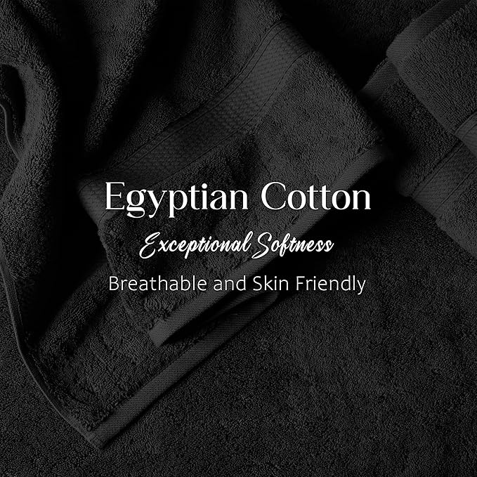 Superior Egyptian Cotton Pile Bath Towel Set of 2, Ultra Soft Luxury Towels, Thick Plush Essentials, Absorbent Heavyweight, Guest Bath, Hotel, Spa, Home Bathroom, Shower Basics, Black