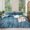 MooMee Bedding Duvet Cover Set 100% Washed Cotton Linen Like Textured Breathable Durable Soft Comfy (Heathered Peacock Blue, Oversized Queen 98"x98")
