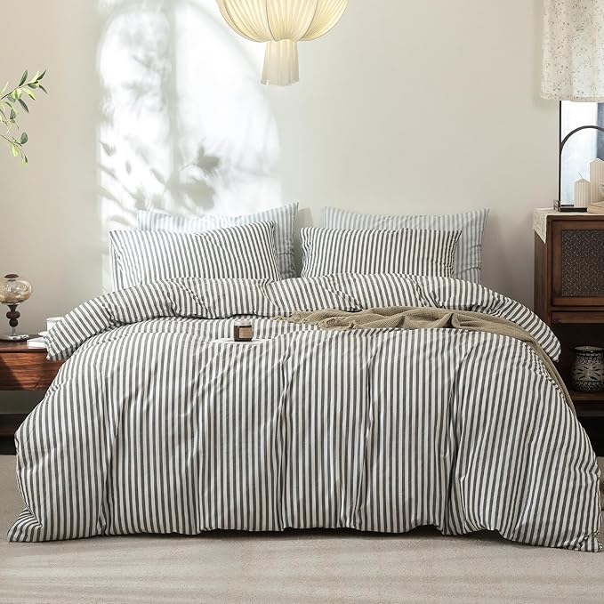 FOSSA Striped Duvet Cover Set 100% Washed Cotton Linen Feel Super Soft Breathable Cozy 3 Pieces Bedding Sets Dark Grey Classic Stripes Queen