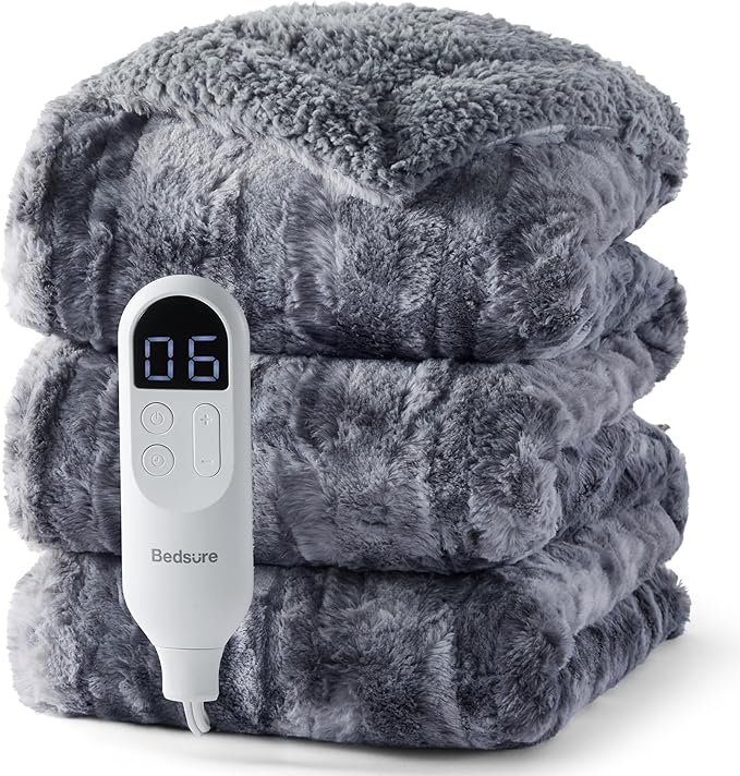 Bedsure Faux Fur Heated Blanket Twin Size, Fast Heating Electric Blanket Twin Size with 6 Heating Levels & 10 Time Settings, Cozy Gifts for Women Men (62x84 inches, Grey)