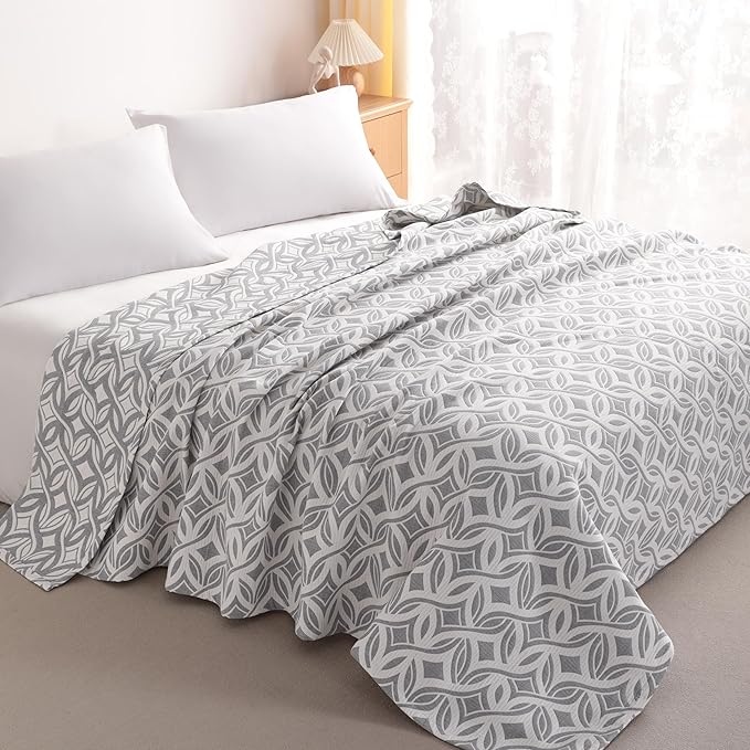 NTBAY 3 Layers Cotton Muslin 88x92 Queen Bed Blanket, Super Soft Breathable Thermal Yarn Dyed Quilt for Adults, Perfect Lightweight Blanket for Couch Sofa Bed All Seasons, Grey Twisted Line