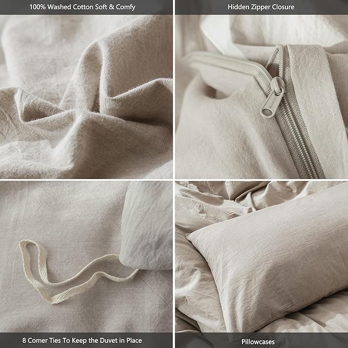 MooMee Bedding Duvet Cover Set 100% Washed Cotton Linen Like Textured Breathable Durable Soft Comfy (Heathered Tannish Linen Grey, King 104"x90")