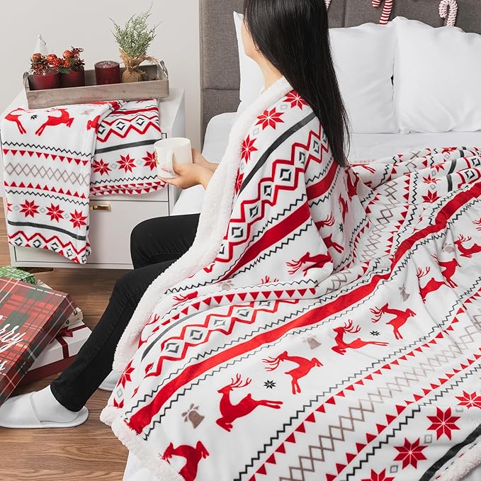 PAVILIA Premium Christmas Sherpa Throw Blanket | Christmas Decoration Gift, Fleece, Plush, Warm, Cozy Reversible Microfiber Holiday Blanket | White Reindeer - 50x60