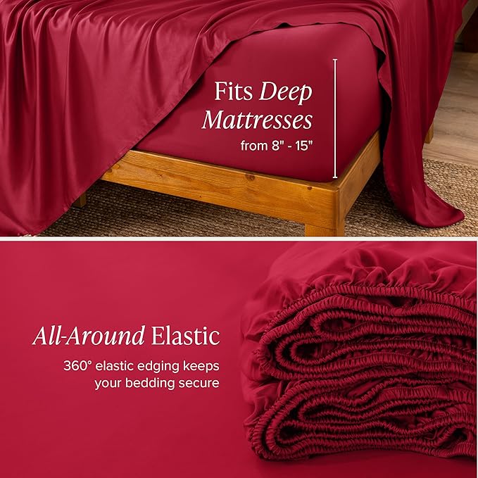 Bare Home 100% Rayon Made from Bamboo Twin XL Sheet Set - 3 Piece Bedding Set - Deep Pockets - Breathable - Easy Fit - Bedding Sheets & Pillowcases (Twin XL, Red)