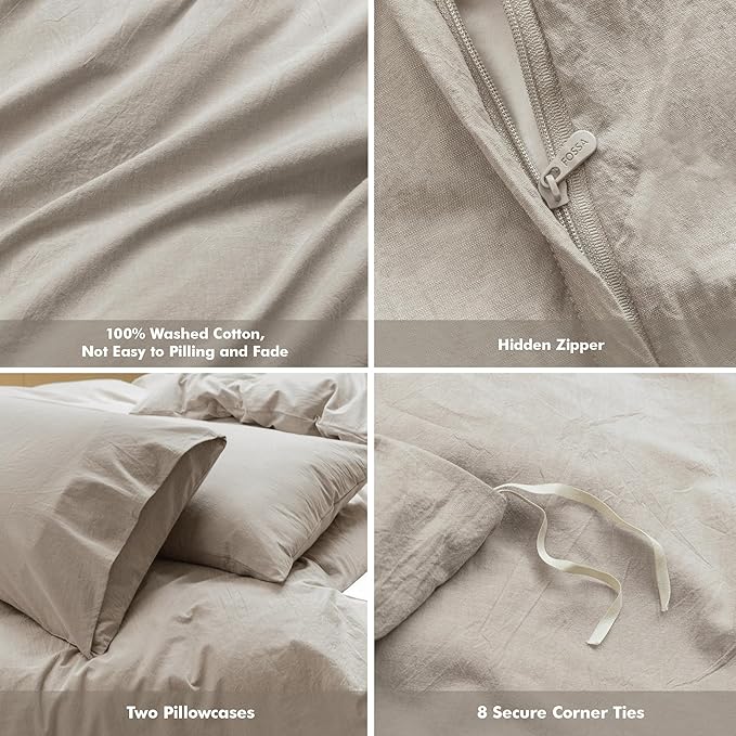 FOSSA Duvet Cover Set 100% Washed Cotton Linen Feel Super Soft Breathable Cozy 3 Pieces Bedding Sets Solid Tannish Linen Grey California King
