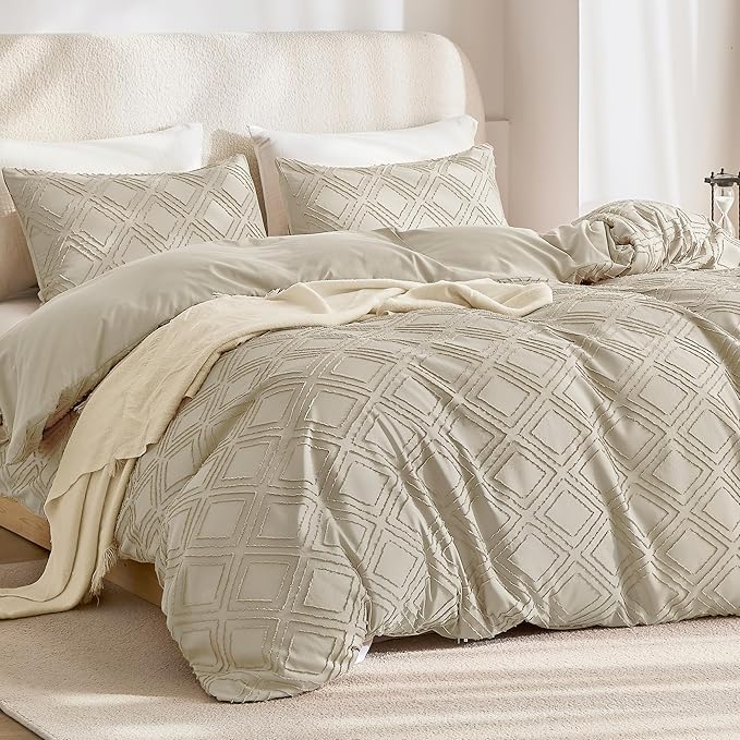 JELLYMONI Duvet Cover Twin Size Light Khaki - 3PCS Boho Duvet Cover Set Plaid Polyester Tufted Bohemian Jacquard Knit Textured Comforter Cover 68×90in Rhombic Geometric Pattern Corner Ties & Zipper