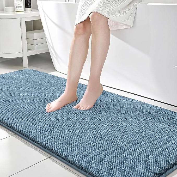 OLANLY Thick Memory Foam Bath Mat Rug 70x24, Extra Soft Absorbent Bathroom Rug, Quick Dry Bath Mats, Non-Slip, Machine Washable Carpet for Bathroom, Tub and Shower, Home Decor Accessories, Airy Blue