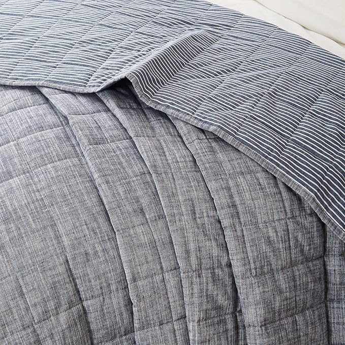 Navy Blue Quilt King Size Bed Spreads - 3-Piece Set with Blue Stripe Coverlet, Light Weight Quilt & 2 Pillow Shams